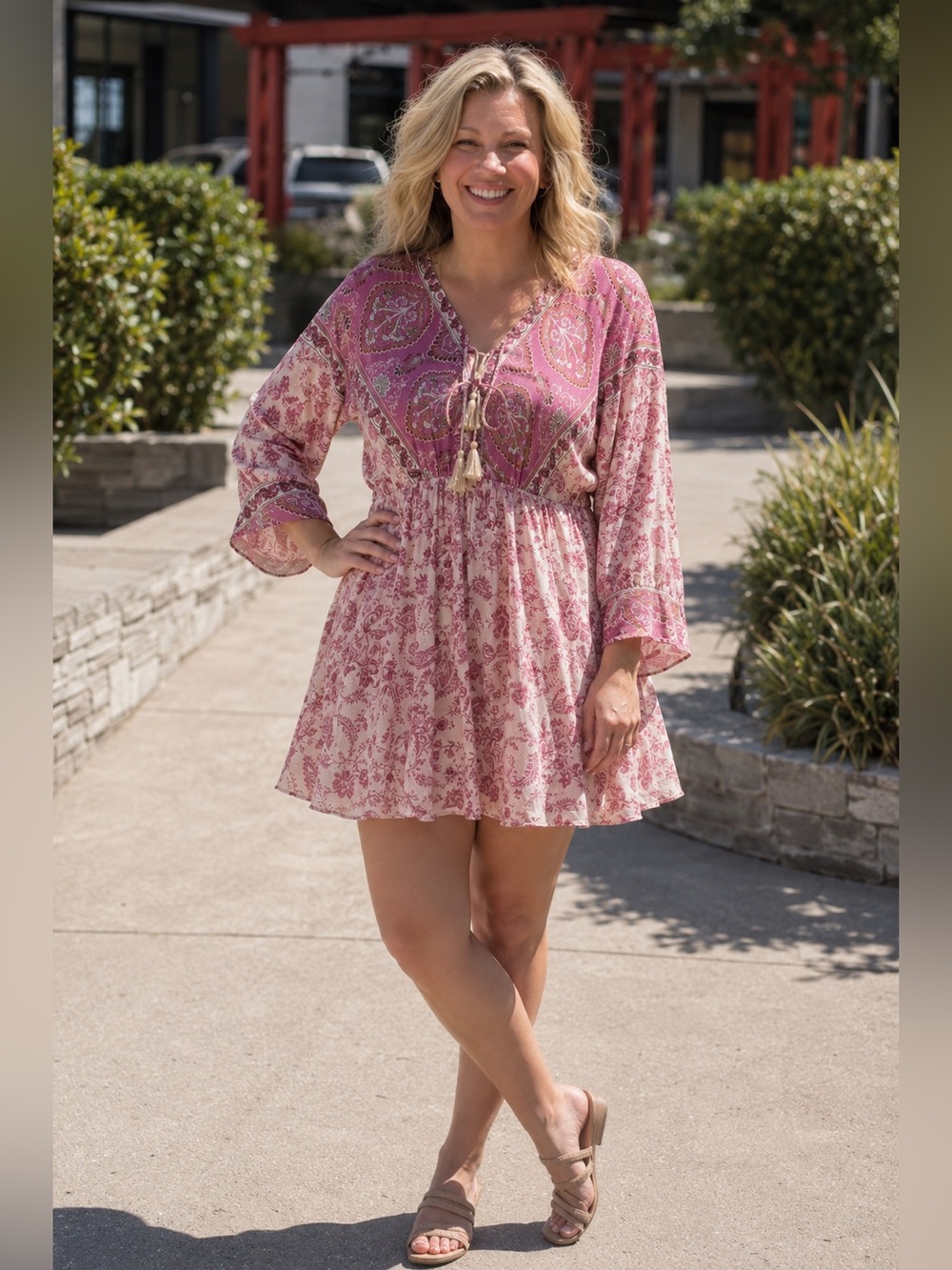 Fourteen & 9 Boho Floral Mini Dress Pink Paisley Tassel Small